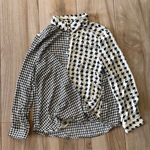 Women's Houndstooth Print V-Neck Blouse Long Sleeve Multicolor Size L